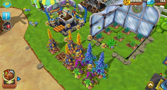 CannaFarm: a greenhouse and rows of flowering plants on a player’s farm